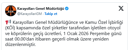 KGM Duyurdu: 2026 Köprü ve Otoyol Fiyatları Belli Oldu! İstanbul-Ankara 338 TL, İzmir 2.466 TL…  resim: 1