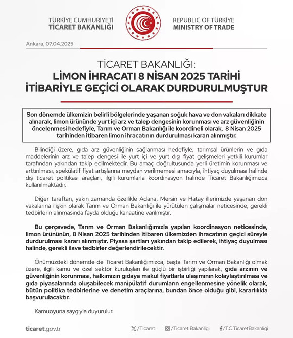 Bakanlık Duyurdu: Limon İhracatı Durduruldu! resim: 0