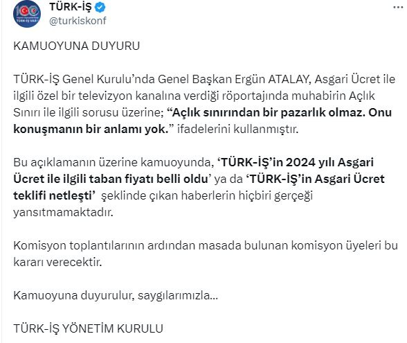 Türk-İş’ten “asgari ücret teklifi netleşti” iddialarıyla ilgili açıklama resim: 0