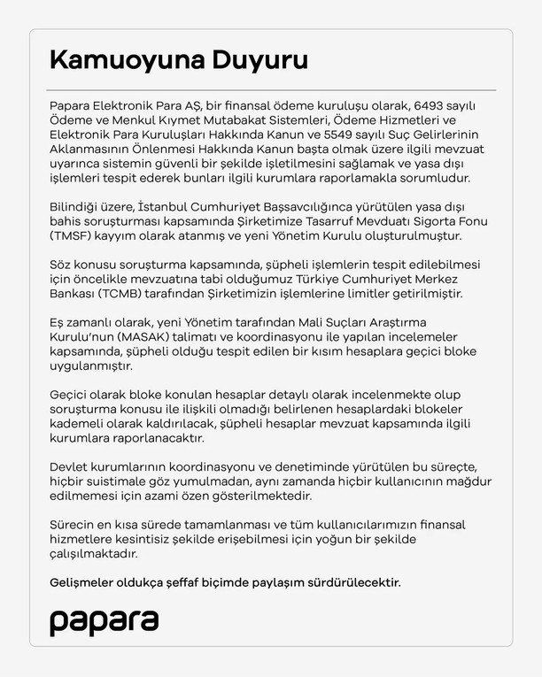 Papara'dan Yeni Açıklama Geldi: Hesap Blokelerine Kademeli Çözüm Yolda resim: 0