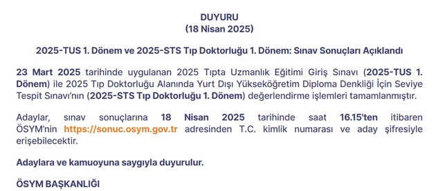 ÖSYM 2025 TUS Sonuçlarını Açıkladı: İşte 2025 TUS 1 Sonuçları Sorgulama Ekranı resim: 0