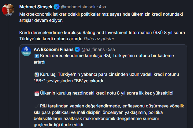 8 Yıl Sonra Bir İlk!: Türkiye'nin Kredi Notu Yükseldi! Bakan Şimşek'ten İlk Açıklama Geldi! resim: 0