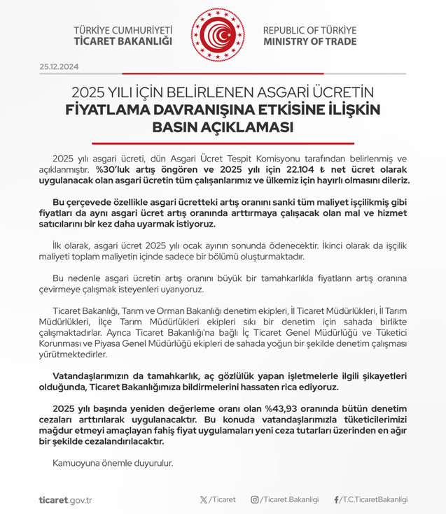 Ticaret Bakanlığı'ndan İşletmelere ‘Asgari Ücret’ Uyarısı: