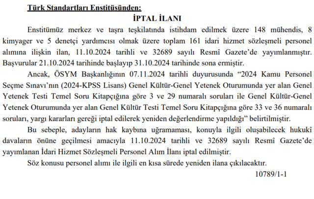 TSE 161 Kamu Personeli Alımı Başvuruları İptal Oldu! İşte İptal Nedeni… resim: 0