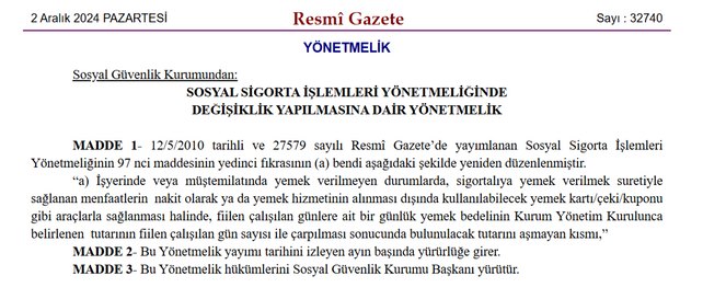 Resmi Gazete'de Yayımlandı: Milyonlarca Çalışan İçin Kritik Karar! Yemek Ücretinde Yeni Dönem! resim: 0