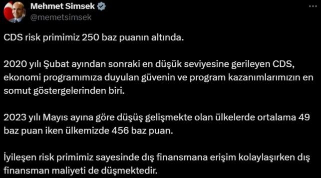 Bakan Şimşek'ten 'CDS' Paylaşımı: 'Risk Primimiz 250 Baz Puanın Altında' resim: 0