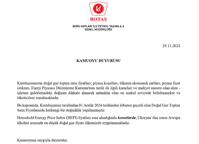BOTAŞ Aralık Ayı Tarifesini Yayımladı: Doğal Gaza Aralık’ta Zam Var Mı? resim: 0