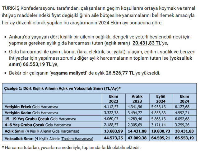 Türk-İş Ekim 2024 Açlık ve Yoksulluk Sınırı Verilerini Paylaştı! Asgari Ücret Bu Verilerin Altında resim: 0