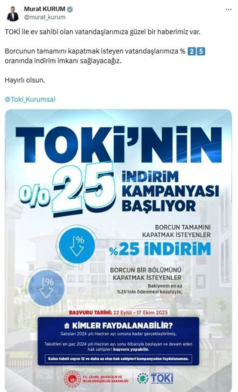 Bakan Kurum Müjdeyi Verdi: TOKİ'den Yüzde 25 İndirim Fırsatı Başlıyor! resim: 0