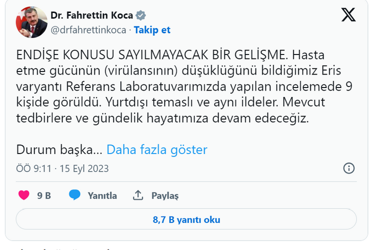 Sağlık Bakanı Fahrettin Koca Türkiye’de Eris varyantının görüldüğünü açıkladı:9 kişide tespit edildi resim: 0