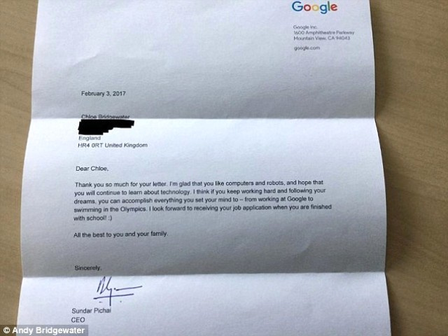Google'a başvuru yapan küçük kıza CEO'sundan cevap geldi! - Sayfa: 2