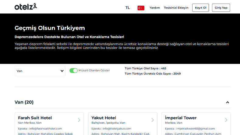 Depremzedeler İçin Hayati Önem Taşıyan İnternet Siteleri/OTELZ ÜCRETSİZ KONAKLAMA SERVİSİ 